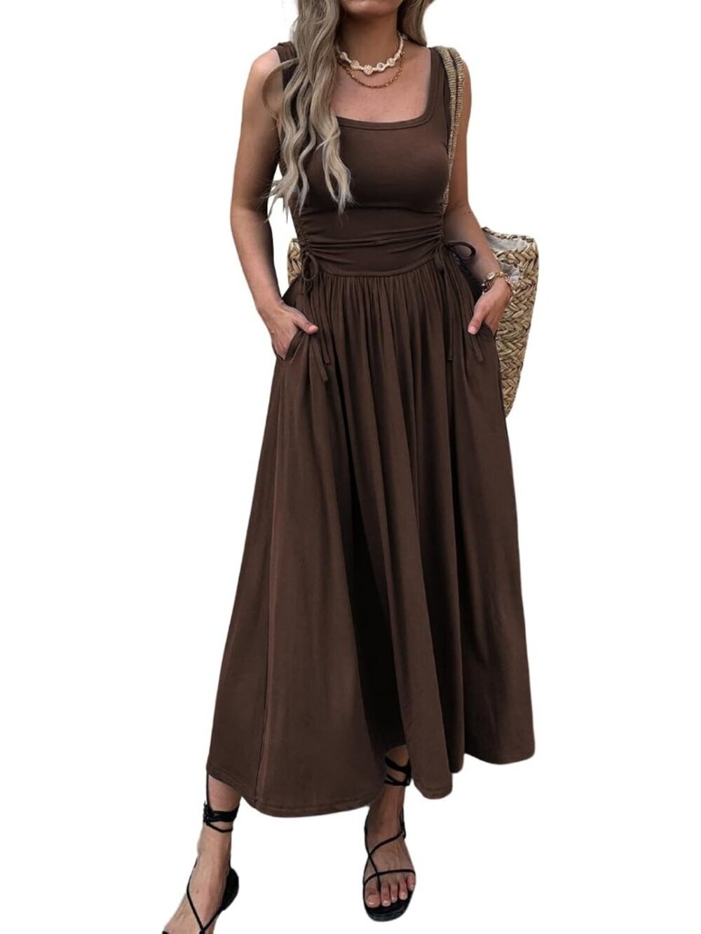 〽️Brown Boho Summer Maxi Dress for Women Sleeveless A Line Tie Waist Pockets